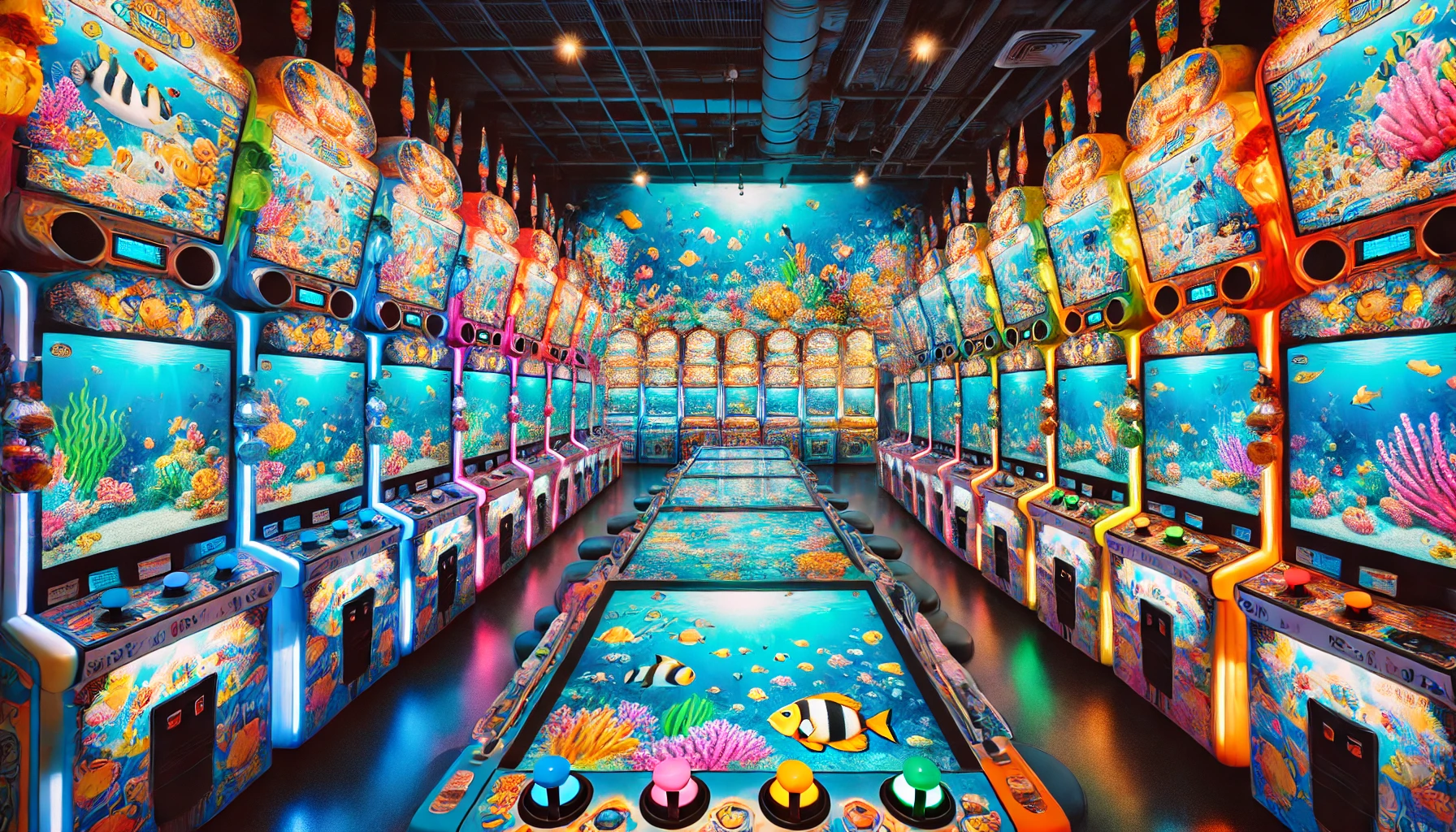 捕魚機台遊戲廳，整排機台展示海底世界主題
